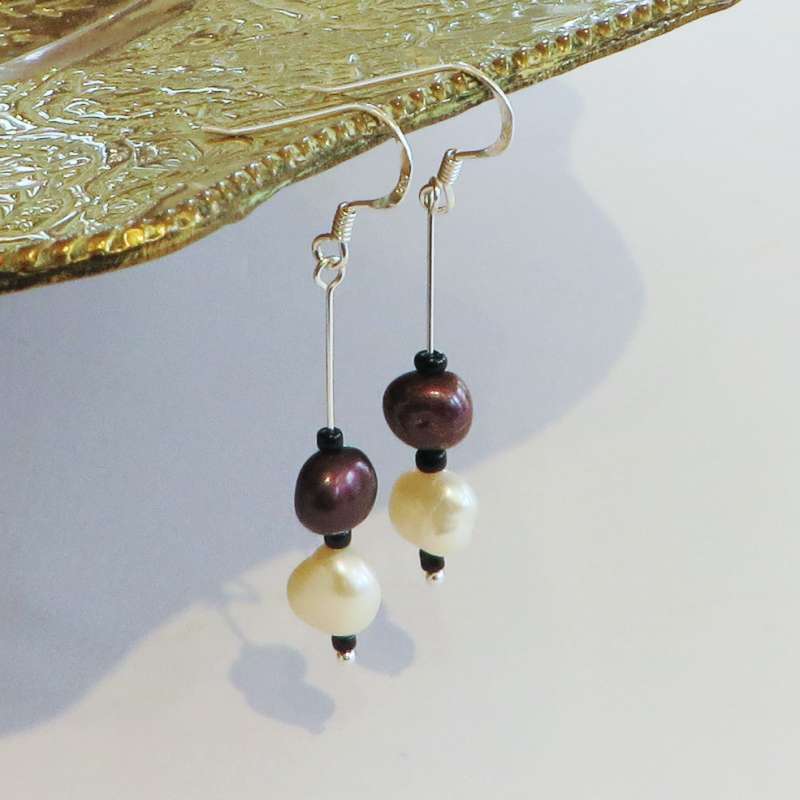 Brown and Cream Cultured Pearl Drop Earrings