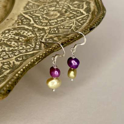 Purple and Gold Cultured Pearl Drop Earrings