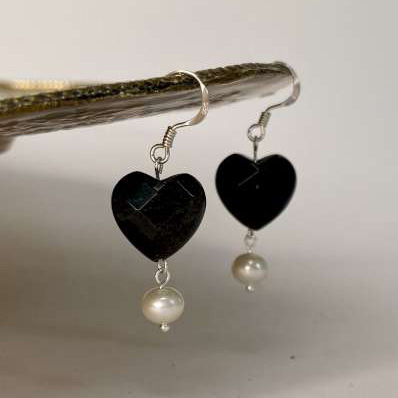 Obsidian and Cultured Pearl Drop Earrings