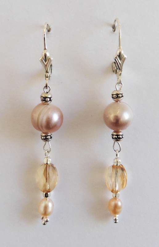 Pink pearl, Swarovski crystal and Chinese crystal drop earrings