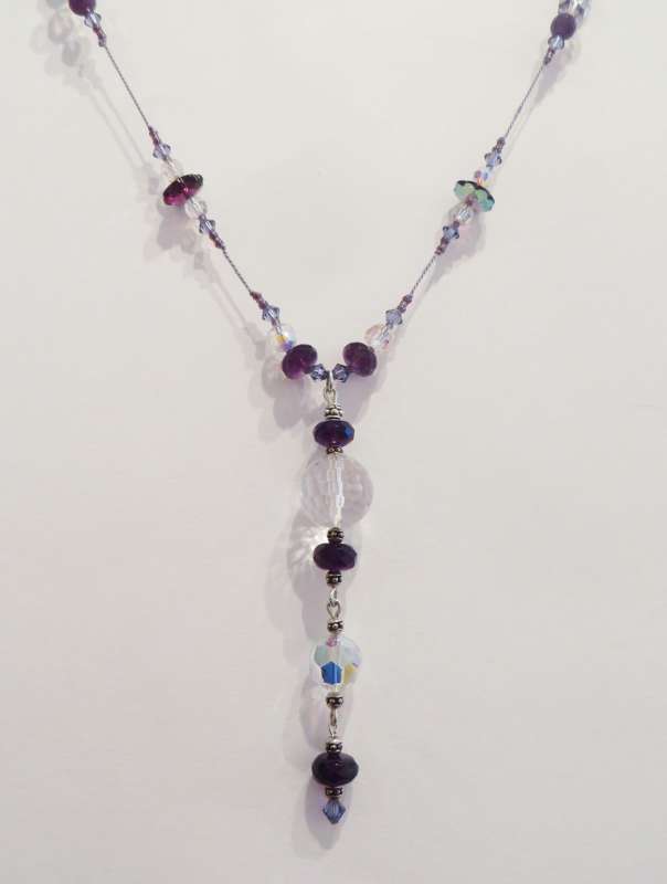 Rock crystal, amethyst and swarovski crystal pendant on silk thread