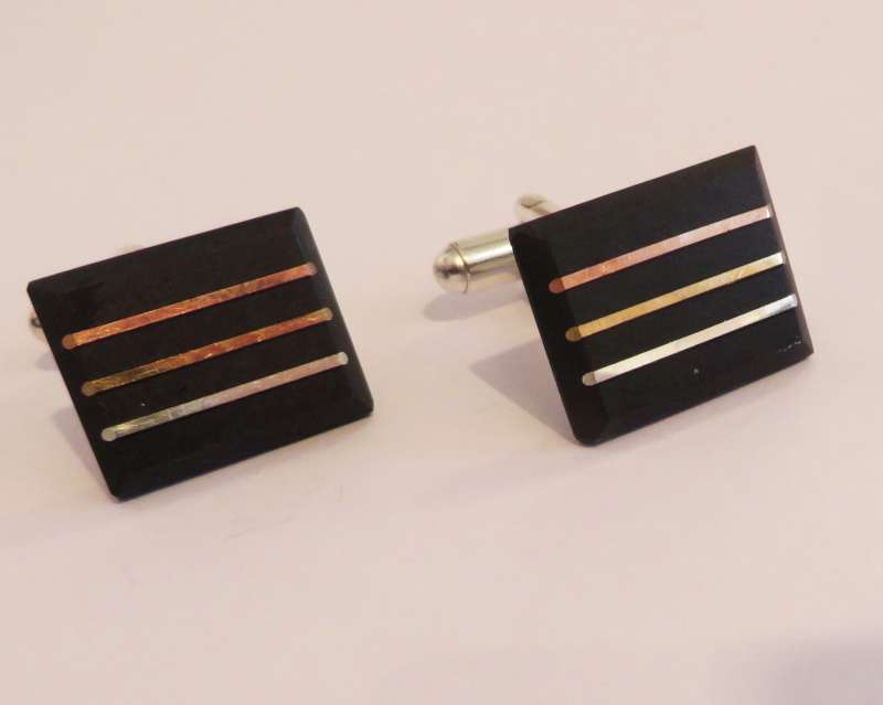 Black slate triple copper, silver and brass line tablet cufflinks