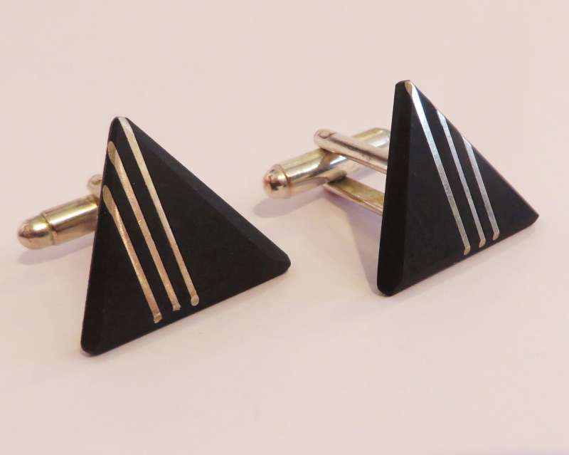 Black slate triple silver link triangle cufflinks